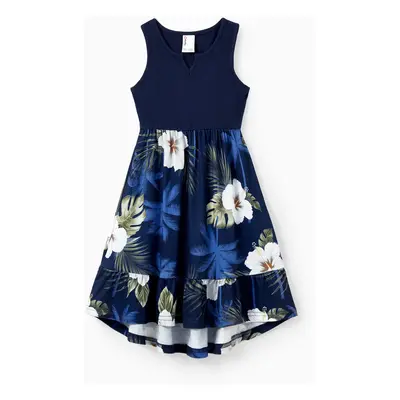 Family Matching Floral Print Cotton Top Short-sleeve Shirt or Splicing Sleeveless Tank Dress