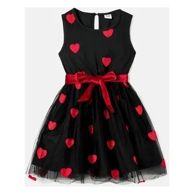 Mommy and Me Allover Heart Embroidered Sleeveless Belted Black Sheer Mesh Dresses