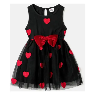 Mommy and Me Allover Heart Embroidered Sleeveless Belted Black Sheer Mesh Dresses