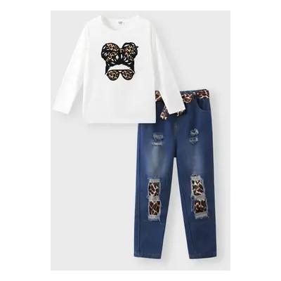 2pcs Kid Girl Figure Print Long-sleeve Pink Tee and Belted Ripped Denim Jeans Set