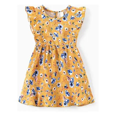 Mommy and Me Ditsy Floral V-Neck Concealed Button A-Line Yellow Ruffle Collar Dresses