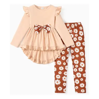 2-piece Kid Girl Bowknot Ruffled Long-sleeves Tee and Flower Allover Print Pants