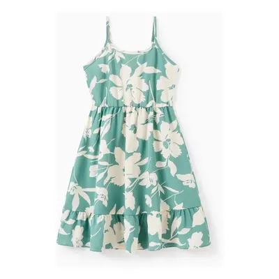 Family Matching Leaf Print Green Short-sleeve Shirt or Sling Shirred Dress Set