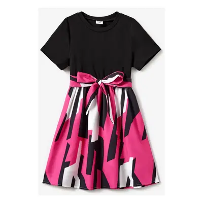 Family Matching Color Block Tee and Geometric Pattern Dress Sets