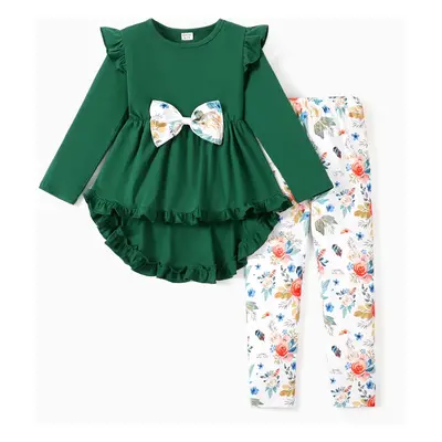 2-piece Kid Girl Bowknot Ruffled Long-sleeves Tee and Flower Allover Print Pants