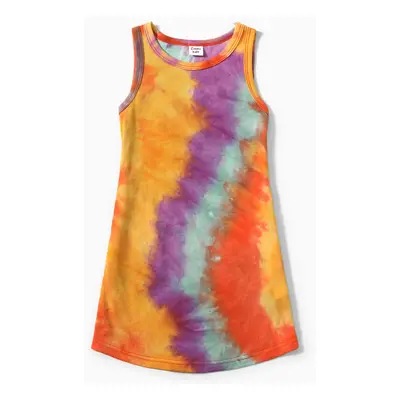 Family Matching Tie Dye Sleeveless Tank Dresses and Short-sleeve T-shirts Sets