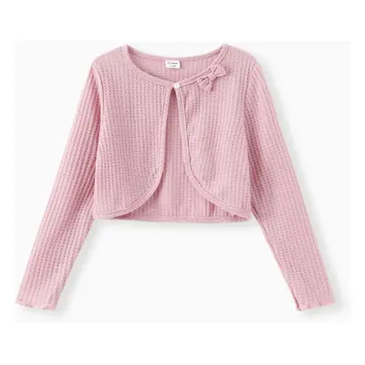 Kids Girl Soft Bow Design Waffle Cardigan