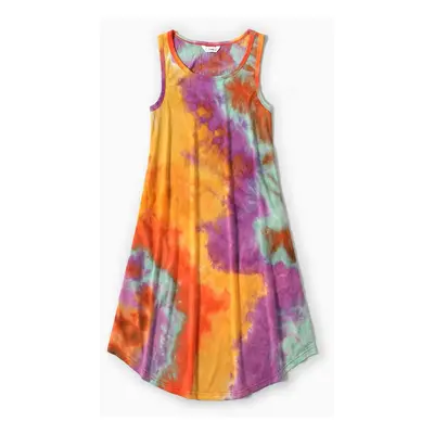 Family Matching Tie Dye Sleeveless Tank Dresses and Short-sleeve T-shirts Sets