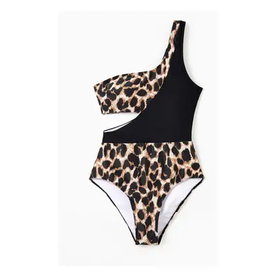 Family Matching Leopard Panel Cut Out Waist One-Shoulder One Piece Swimsuit or Swim Trunks Short