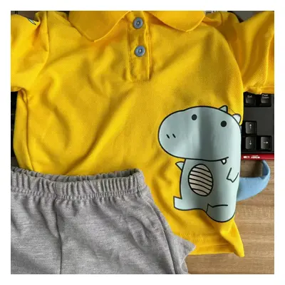 2pcs Toddler Boy Casual Dinosaur Print Polo Shirt & Spike Design Shorts Set