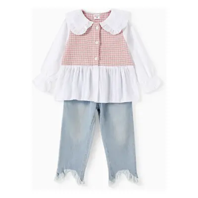 2-piece Toddler Girl Doll Collar Tweed Splice Long-sleeve Top and Ripped Hem Denim Jeans Set