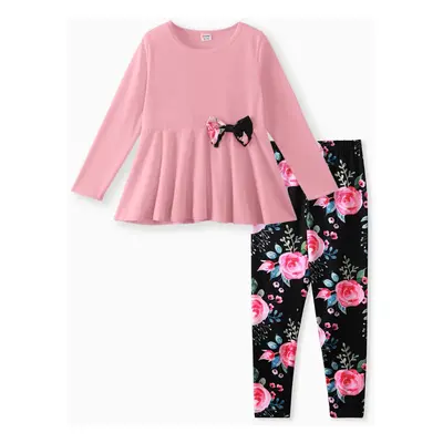 2pcs Kid Girl Bowknot Design Long-sleeve Tee and Floral Print Leggings Set