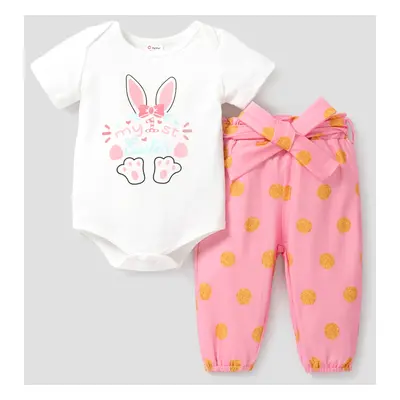 Easter 3pcs Baby Girl Short-sleeve Graphic Romper and Polka Dots Pants with Belt Set