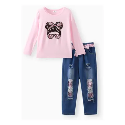 2pcs Kid Girl Figure Print Long-sleeve Pink Tee and Belted Ripped Denim Jeans Set