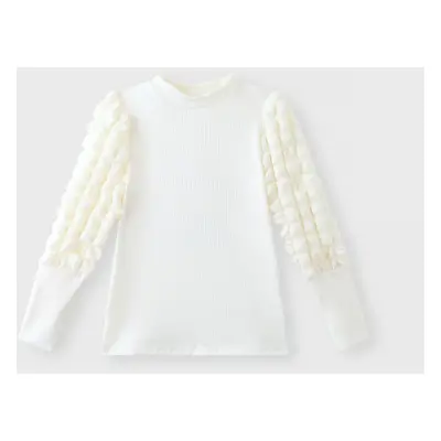 Kid Girl Textured Long Puff-sleeve Mock Neck Solid Color Tee