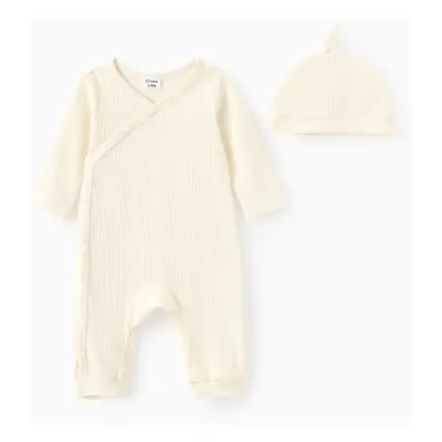 2pcs Baby Boy/Girl Solid Rib Knit Button Front Long-sleeve Jumpsuit with Hat Set