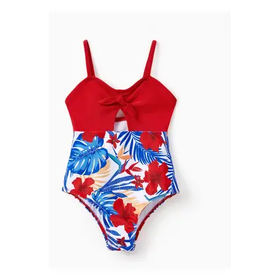 Family Matching Allover Plant Print Swim Trunks or Scallop Trim One-piece Halter Backless Swimsu