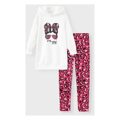 2pcs Kid Girl Character Print Fleece Splice Goodie Sweatshirt and Leopard Print Leggings Set