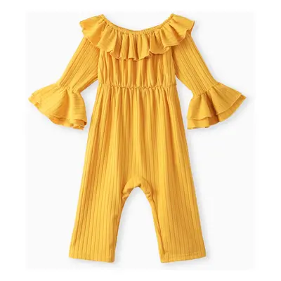 Baby Girl Solid Ribbed Off Shoulder Ruffle Bell Sleeve Jumpsuit