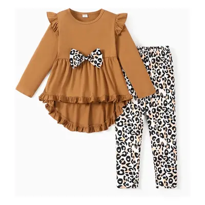 2-piece Kid Girl Bowknot Ruffled Long-sleeves Tee and Flower Allover Print Pants