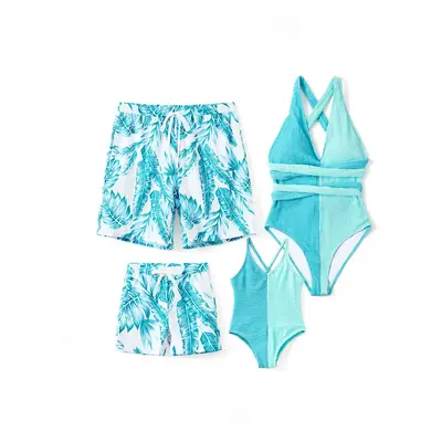 Family Matching Colorblock Textured Self-tie One-Piece Swimsuit and Allover Palm Leaf Print Swim