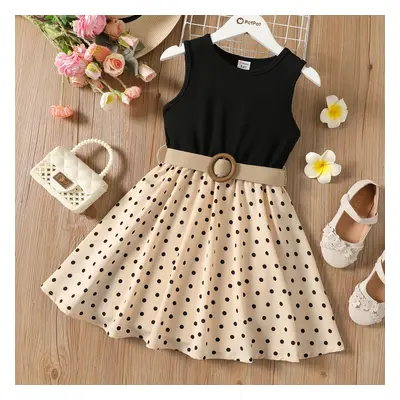 2pcs Kid Girl Polka dots Ribbed Splice Sleeveless Dress & Belt