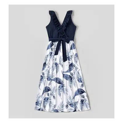 Family Matching Solid V Neck Ruffle Sleeveless Splicing Palm Leaf Print Dresses and Short-sleeve