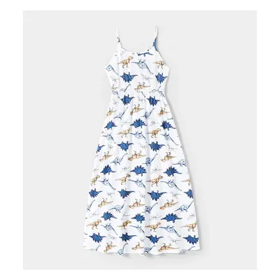 Family Matching All Over Dinosaur Print Spaghetti Strap Midi Dresses and Short-sleeve T-shirts S