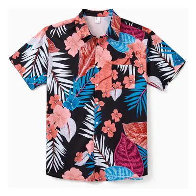 Matching Tropical Leaf Print Short-sleeve Shirt or Strap Belted Dress Casual Couple Set