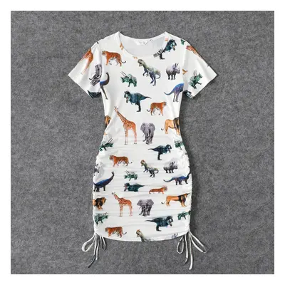 Family Matching All Over Animal Print Short-sleeve Mini Bodycon Ruched Dresses and Raglan-sleeve