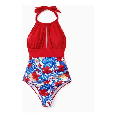 Family Matching Allover Plant Print Swim Trunks or Scallop Trim One-piece Halter Swimsuit