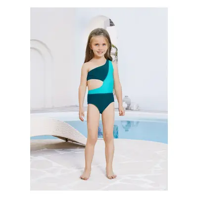 Family Matching Colorblock One Shoulder Cut Out One-piece Swimsuit and Striped Spliced Swim Trun