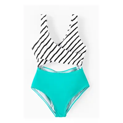 Family Matching Striped Spliced Cut Out One-piece Swimsuit and Colorblock Swim Trunks