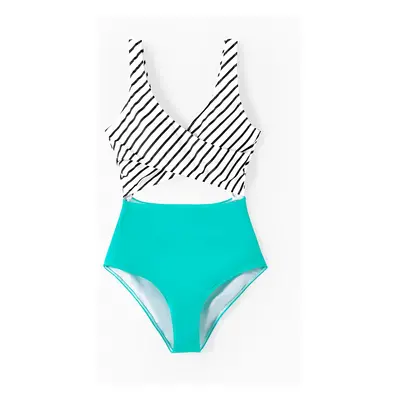 Family Matching Striped Spliced Cut Out One-piece Swimsuit and Colorblock Swim Trunks