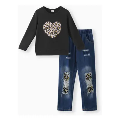 2-piece Kid Girl Leopard Heart Print Black Pullover Sweatshirt and Patchwork Ripped Jeans Denim 