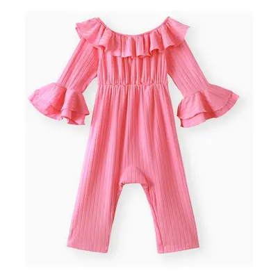 Baby Girl Solid Ribbed Off Shoulder Ruffle Bell Sleeve Jumpsuit