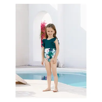 Family Matching Plant Print Ruffle Trim Spliced One-piece Swimsuit or Swim Trunks