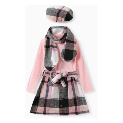 4pcs Kid Girl 95% Cotton Ribbed Solid Long-sleeve Top and Plaid Belted Skirt & Hat & Scarf Set