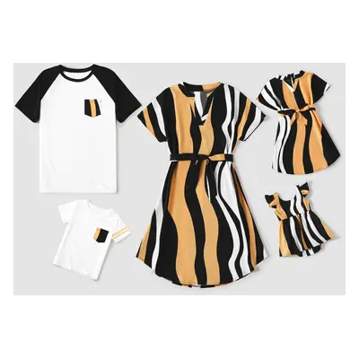 Family Matching Striped V Neck Short-sleeve Belted Dresses and Raglan-sleeve T-shirts Sets