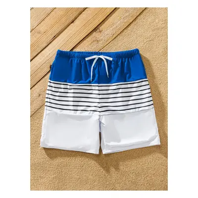 Matching Family Swimsuit Colorblock Drawstring Swim Trunks or Striped Blue Spliced Tankini with 