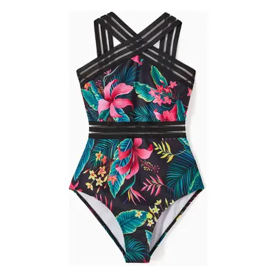 Family Matching Allover Plant Print Crisscross One-Piece Swimsuit and Swim Trunks