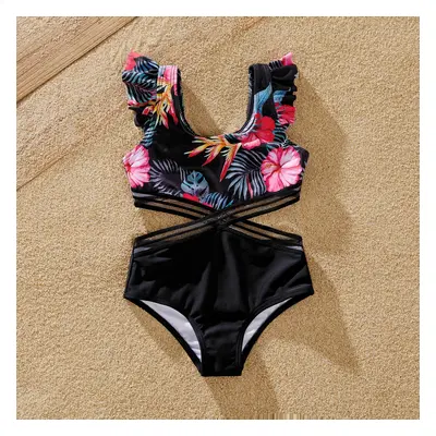 Family Matching Tropical Floral Drawstring Swim Trunks or Cross Front Flutter Sleeves One-Piece 