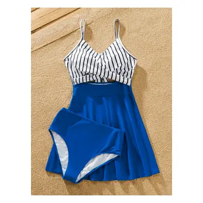 Matching Family Swimsuit Colorblock Drawstring Swim Trunks or Striped Blue Spliced Tankini with 