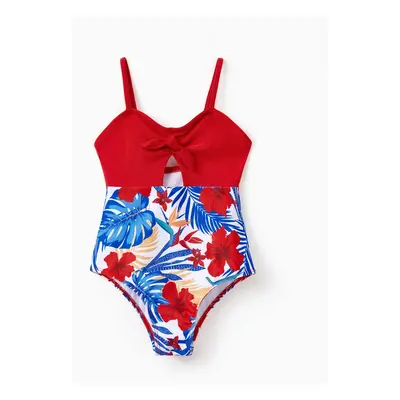 Family Matching Allover Plant Print Swim Trunks or Scallop Trim One-piece Halter Swimsuit