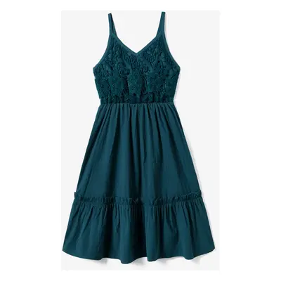 Family Matching Color-Block Tee and Lace Ruffle Hem Strap Dress Sets