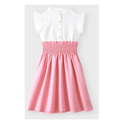 Kid Girl Button Design Smocked Splice Ruffled Flutter-sleeve Dress