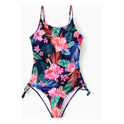 Family Matching Tropical Floral Drawstring Swim Trunks or Ruched Drawstring Side Strap Swimsuit