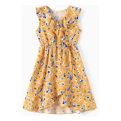 Mommy and Me Ditsy Floral V-Neck Concealed Button A-Line Yellow Ruffle Collar Dresses