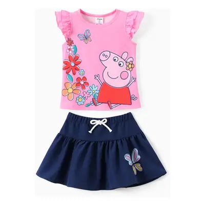 Peppa Pig Toddler Girl 2pc Character Floral Print Ruffle-sleeve Top And Skirt Set