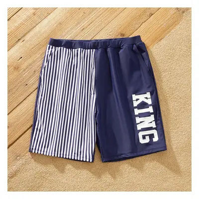 Family Matching Letter Print Splicing Striped Swim Trunks Shorts and Ruffle One-Piece Swimsuit